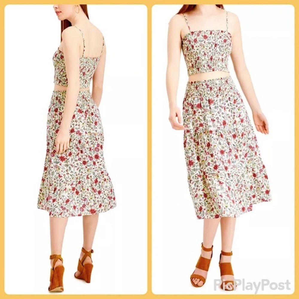 2 Piece Set Smocked Ivory Red Floral Midi Skirt & Cropped Adjustable Top NWT S